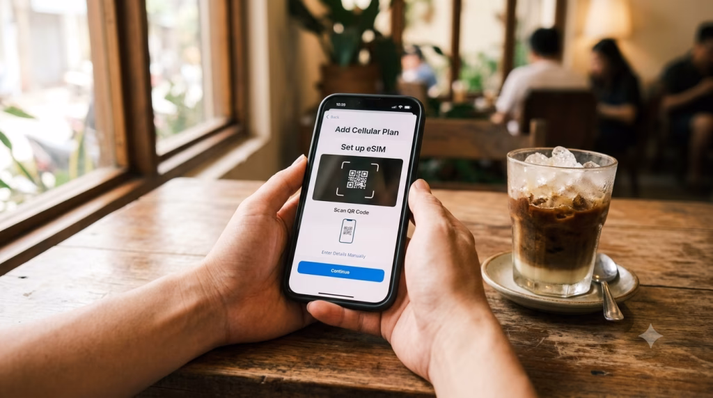 Setting up a Vietnam eSIM on a smartphone in a café using the Add eSIM screen