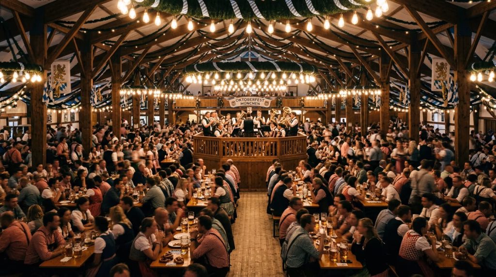 Inside a packed Oktoberfest 2026 in Munich beer hall with long wooden benches and festive crowds in traditional Bavarian dress