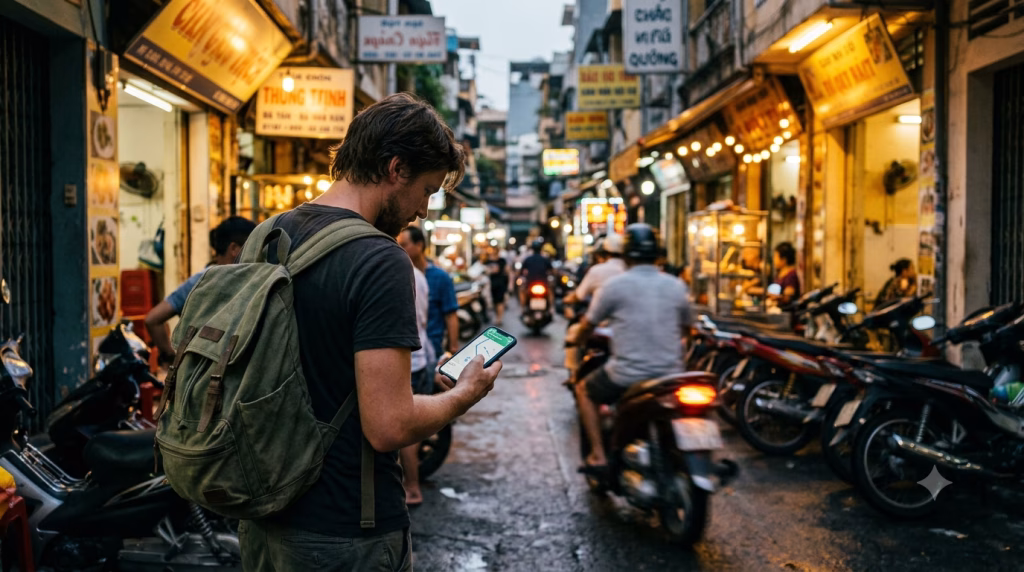 Traveler navigating a narrow Saigon alley on a connected eSIM in Vietnam