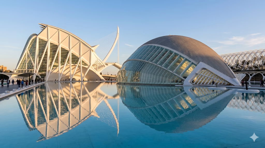 Valencia's City of Arts and Sciences reflected in its pools.