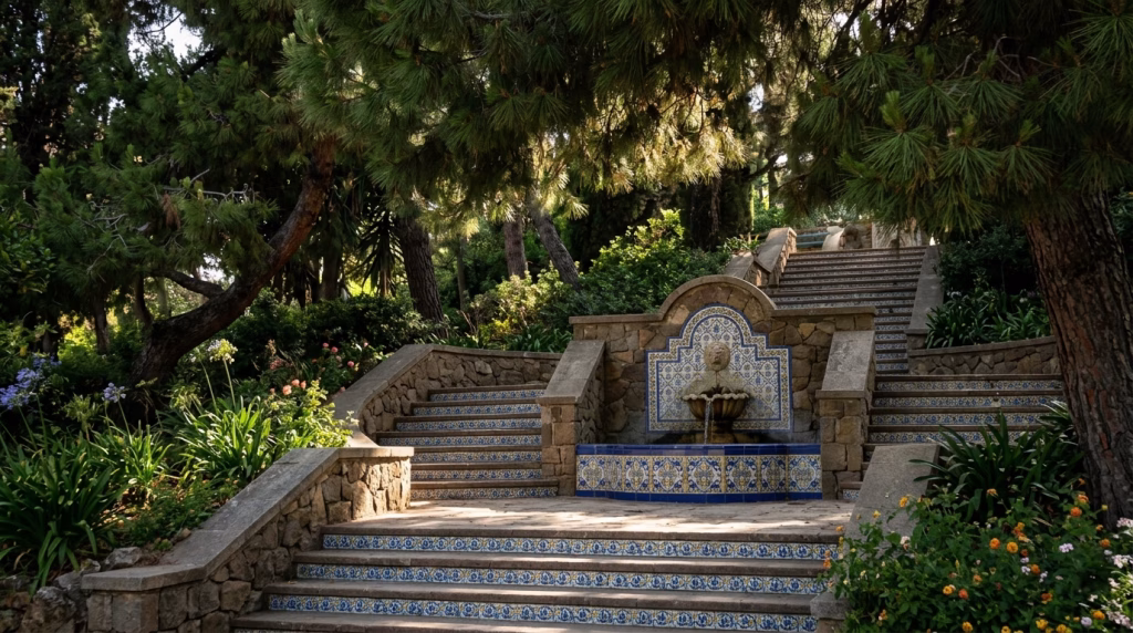 Free things to do in Barcelona: tiled stairways in the Jardins de Laribal