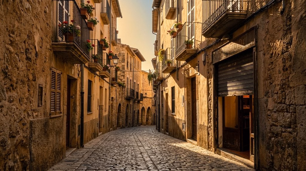 Quiet Spanish old-town lane at opening time, before the day-trip crowds arrive