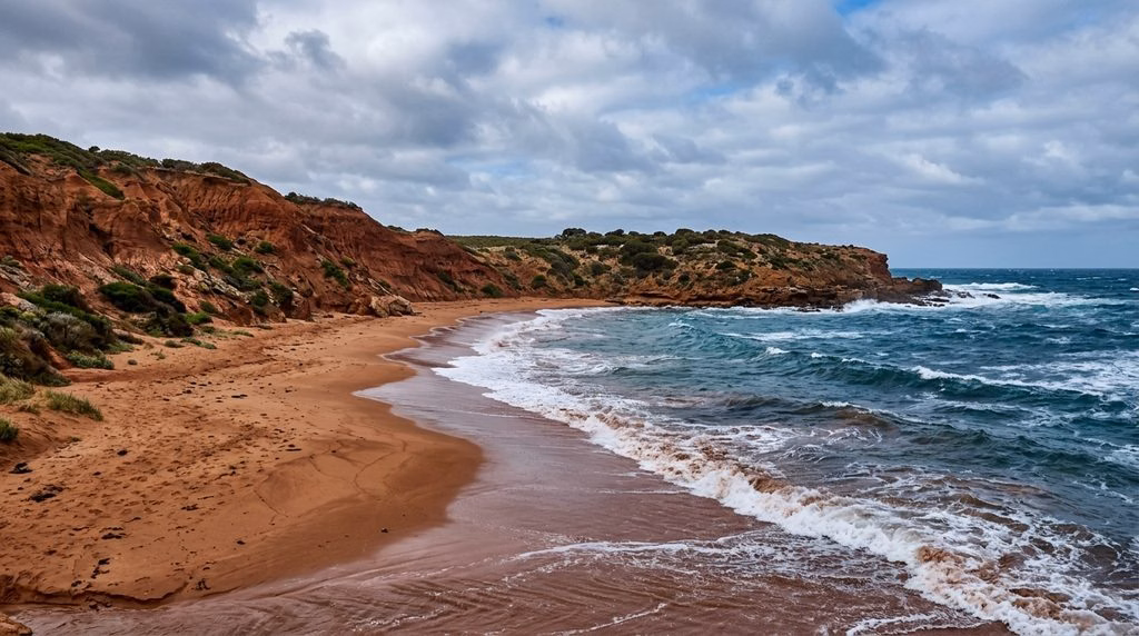Copper-red sand and clay cliffs on Menorca's north coast, Spain