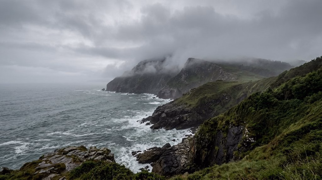 Misty green coastline in northern Spain, cooler and wetter than the south