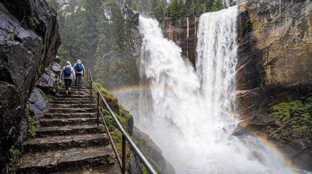 Hikers climbing the wet granite steps of the Mist Trail beside Vernal Fall