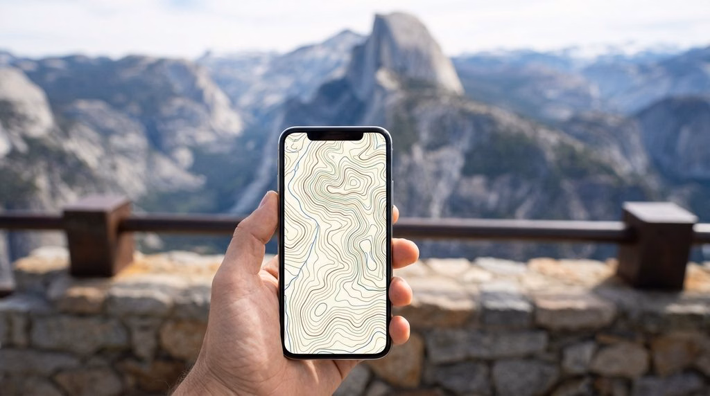 Phone with an offline map at Glacier Point, with Half Dome across the valley