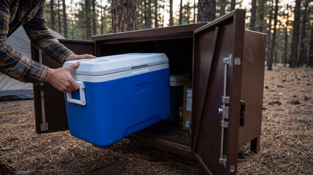 Cooler being stored in a steel bear-proof food locker at a Yosemite campsite